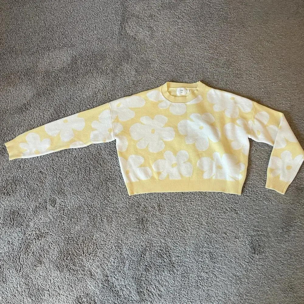 Luna Ivy Daisy Croquette Cottage Preppy Cozy Casual Cropped Sweater Sz S Yellow - Picture 6 of 14